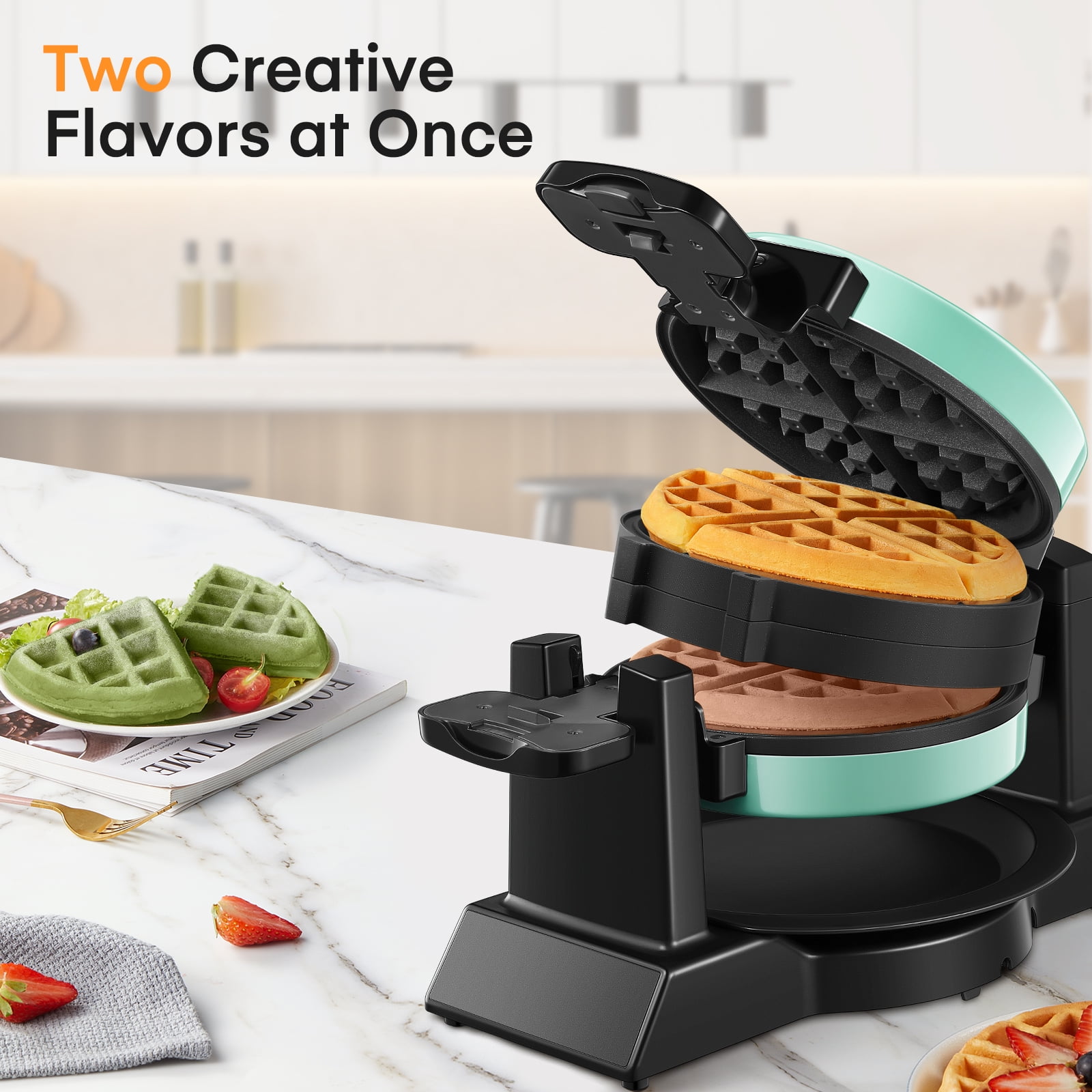 FOHERE, Double Belgian Waffle Maker, 180 Flip, 1400W, Black