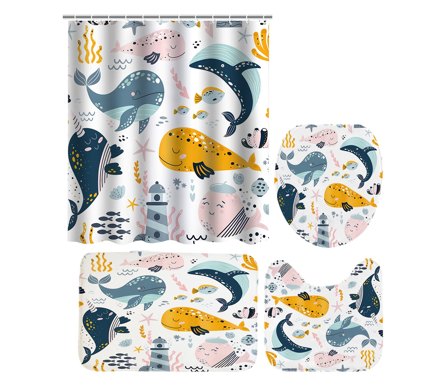 Cartoon Whale Kids Shower Curtain and Bath Rug Set 4 Pcs Fabric Cute Bathroom Curtain Set Decor 72x72 inches