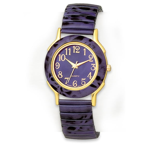 LINEL Woman's Purple Stretch Band Watch Faux Marble Bezel Purple Dial Gold Numbers Wristwatch