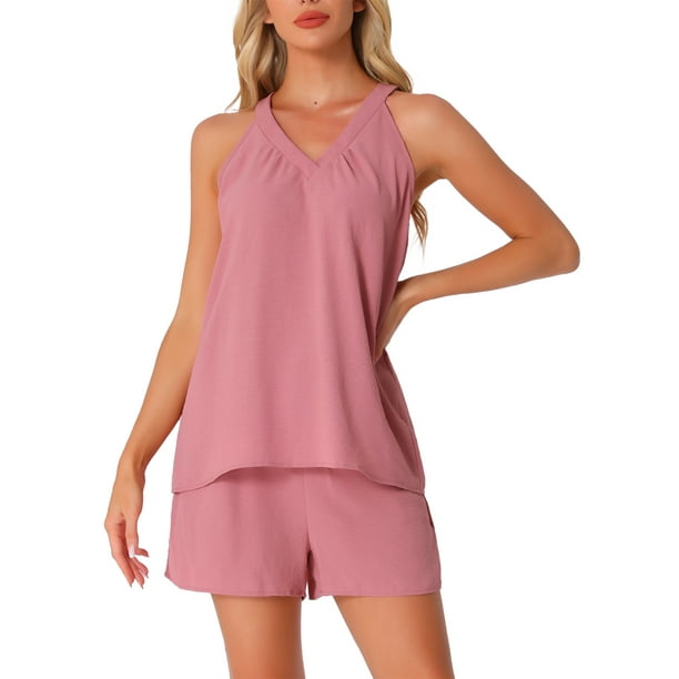 INSPIRAR CHIC Conjuntos de Lounge de 2 Piezas para Mujeres Pijama Halter Cuello en V Cami Pantalones Cortos con Bolsillos Conjuntos Sin Mangas de Verano XS Rosa Claro