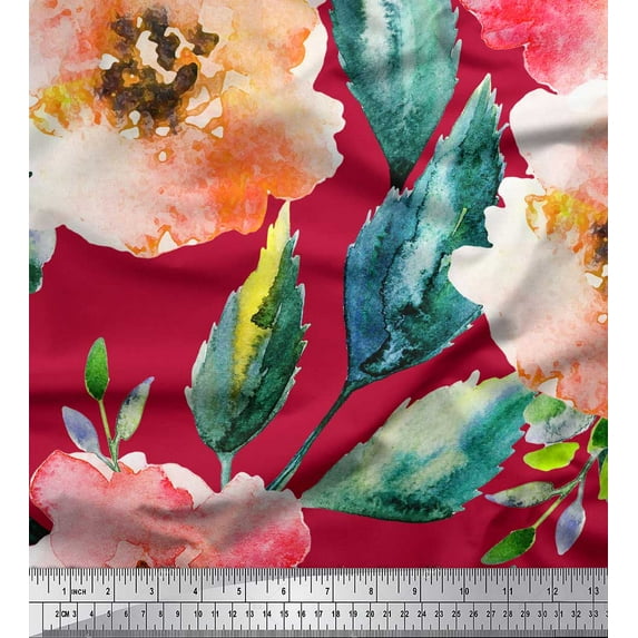 Soimoi polyester Crepe Fabric Flower & Leaves Watercolor Print Sewing Fabric Yard 52 Inch Wide