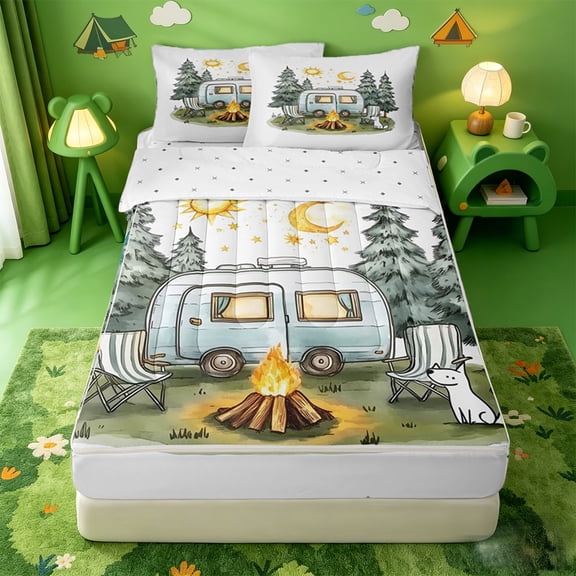 catabedysis Watercolor Cartoon Camping Zipper Twin Comforter Sets with Fitted Sheet and 2 Pillowcases,Dog Camper Print Zipper Bedding Set For Boys,Multicolor,Reversible,4 Pieces