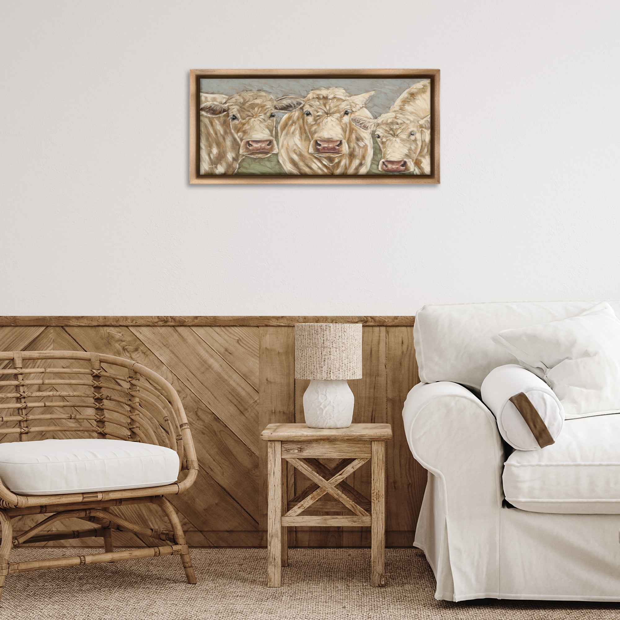 Stupell Industries Beige Cow Trio Animals & Insects Painting Brown Floater Framed Canvas Art Print Wall Art, 25 x 11