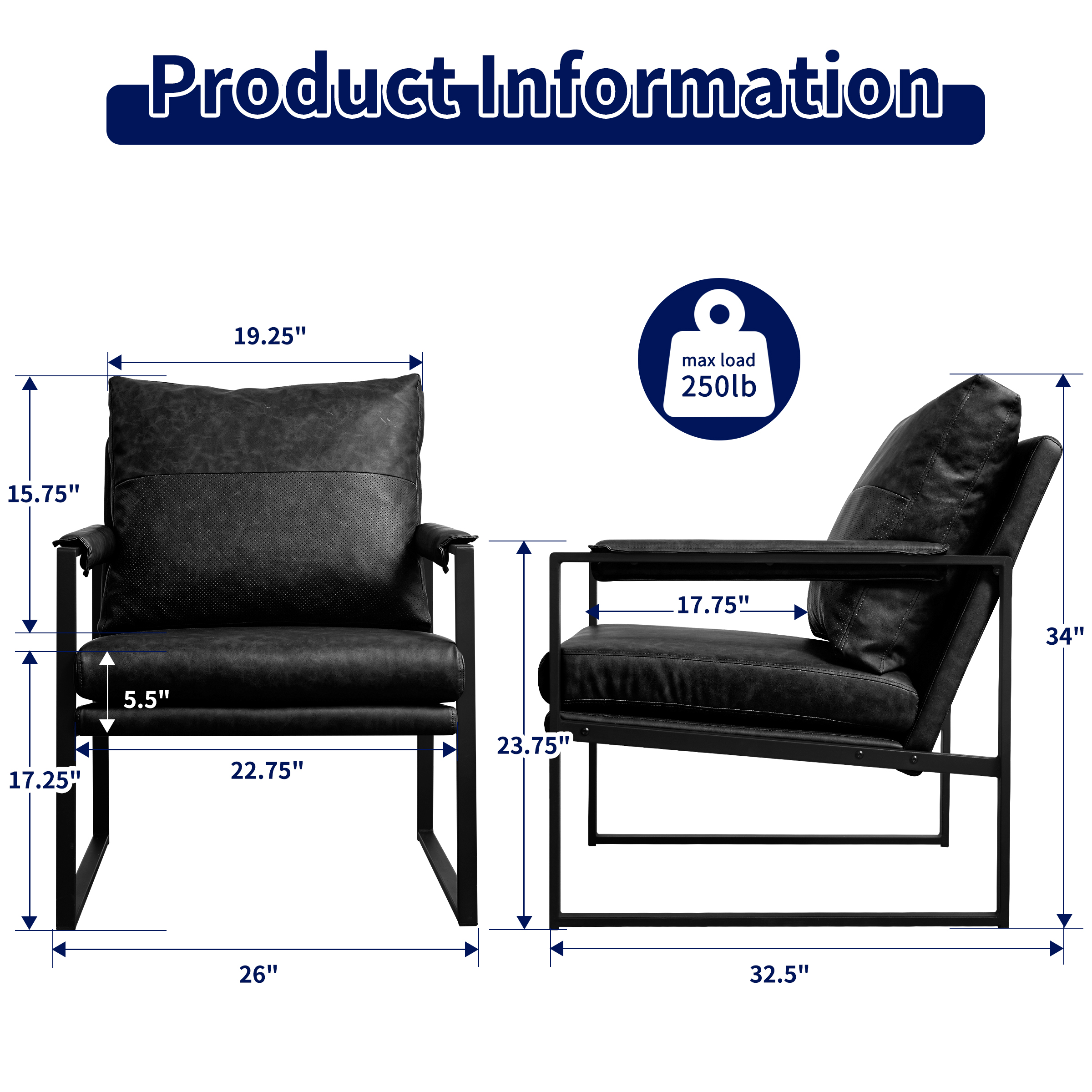 Subrtex Upholstered Modern Accent Chair with Metal Frame, Black PU Leather