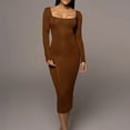 thumbnail image 2 of WRKEKC Long Sleeve Dress for Women Solid Color Fleece Lined Square Neck Bodycon Knee Length Dress with Ribbed Knit, 2 of 8