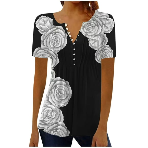 LUOGENLI Female T-shirts for Womens Women B Summer Printing Trendy Button Cardigan Short Sleeve Shirt V Neck Casual Fitted Tunic Clothes Tops Womens T-shirts Graphic Tees Funny Valentines Black L
