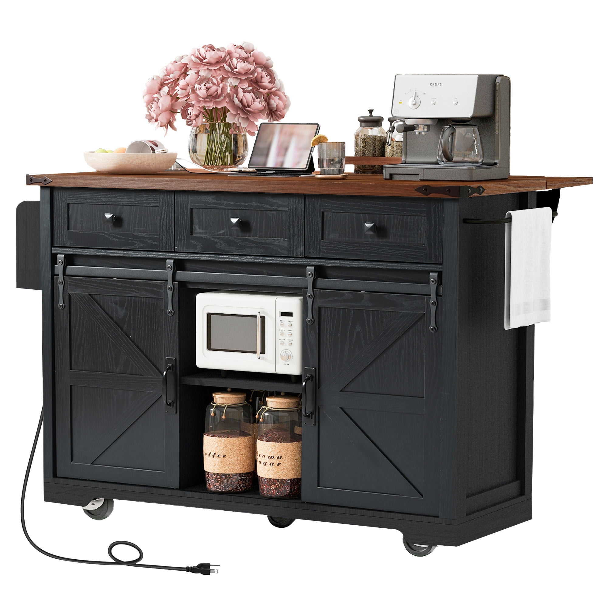 53.7" Rolling Island Cart for Kitchen with Power Outlet, 2 Sliding Barn Door Kitchen Storage Island with Drop Leaf, Spice Rack Rolling Kitchen Cart on Wheels, Black