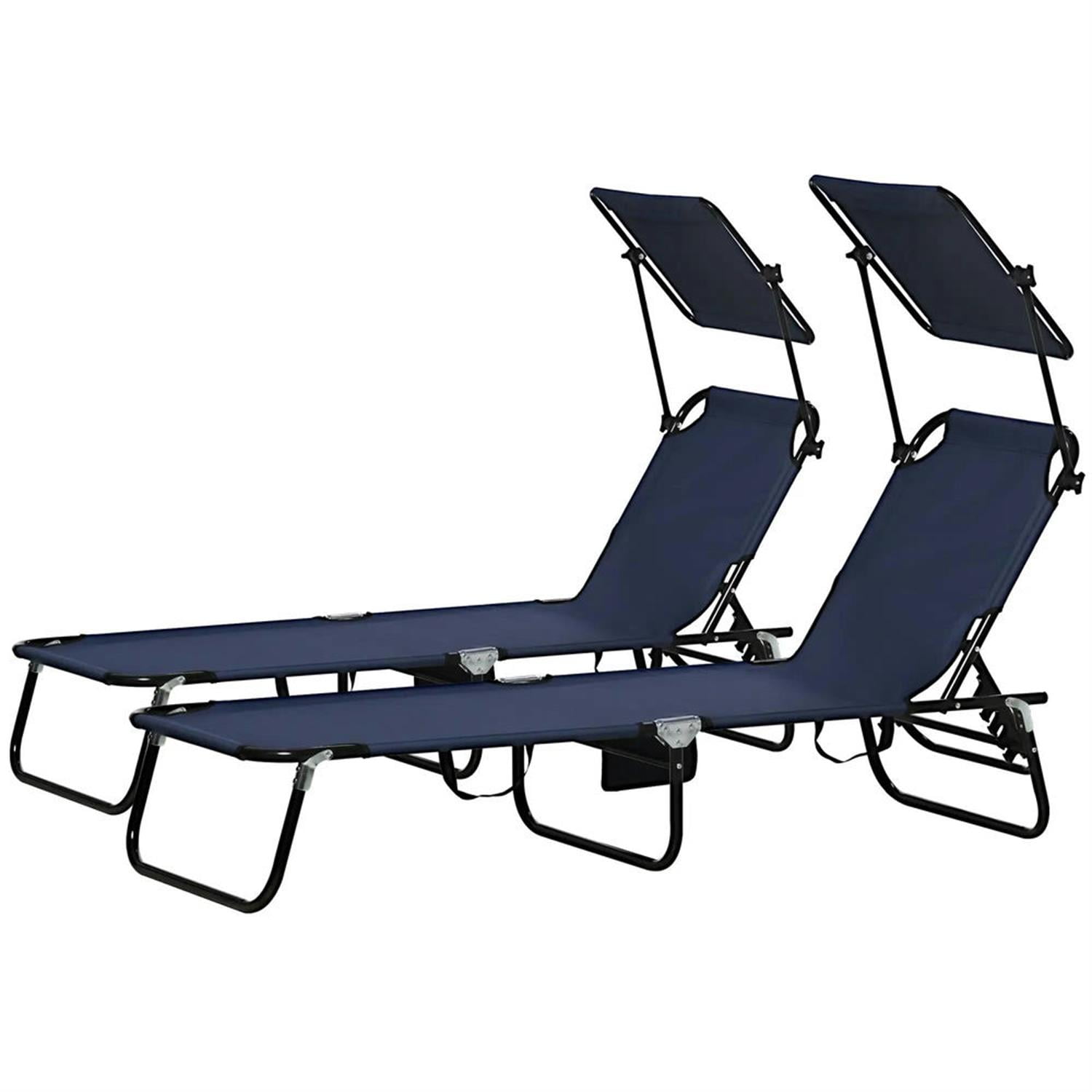 Demi Bonn Outdoor Folding Chaise Lounges Set of 2 with Canopy, Steel Frame, Side Pockets, Reclining Sun Chairs for Beach, Yard, Patio, Blue
