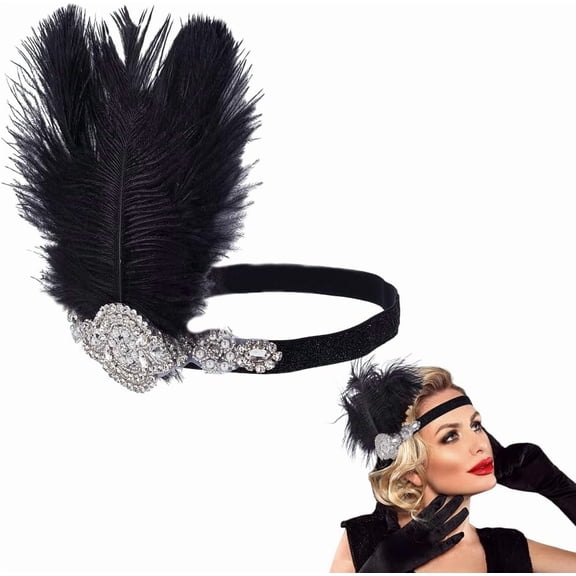 Feather Headband Elegant 1920s Rhinestone Flapper Headpiece 20's Theme Party Carnival Set Fancy Hair Accessories