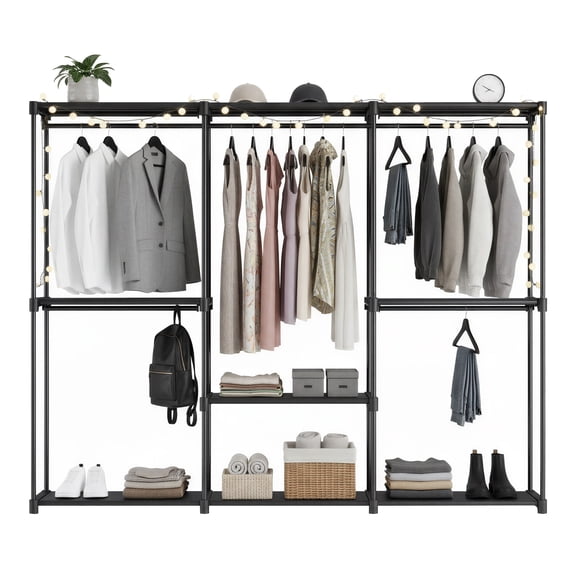 LEDREM Freestanding Closet Organizer with 6 Hanging Rods & Shelves , Portable Wardrobe Rack for Bedroom Cloakroom , Tool-Free Assembly ,Ink Black