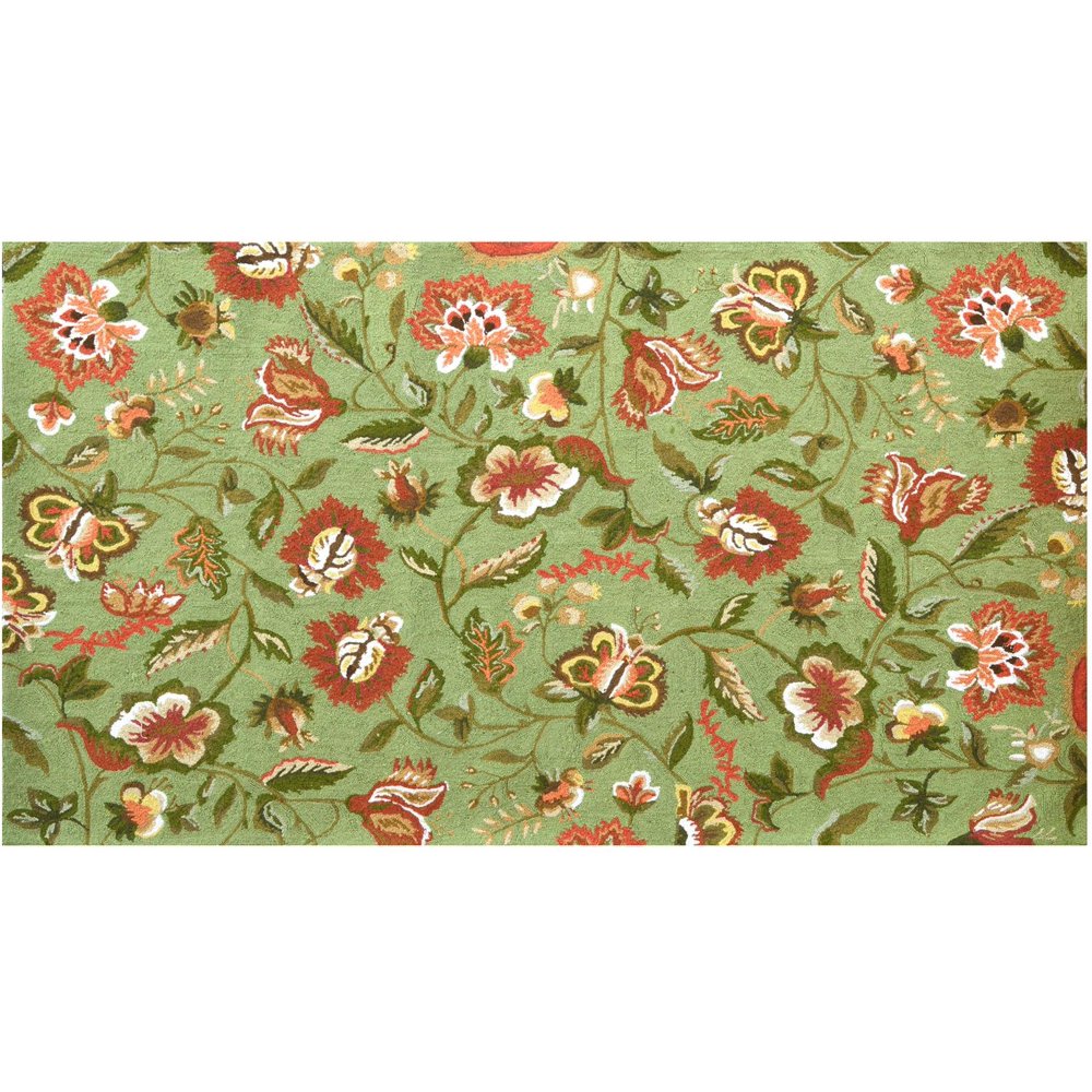 Rug Jacobean Floral Flowers 8x5 Green Wool Yarns New HandHooked JK158