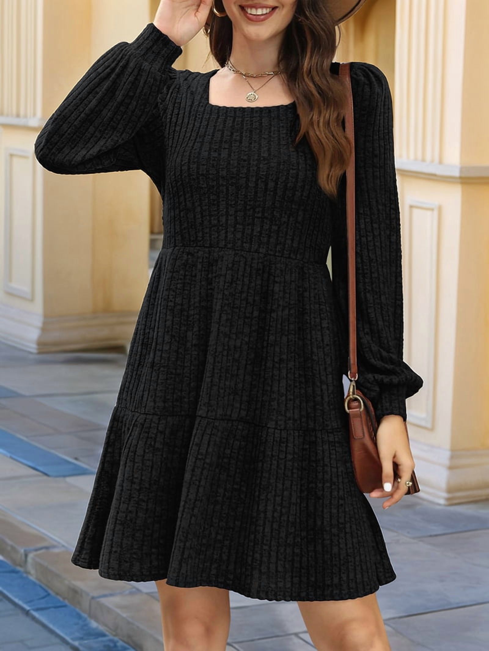 Womens Square Neck Long Sleeve Fall Dresses Casual Babydoll Sweater Dress Black L