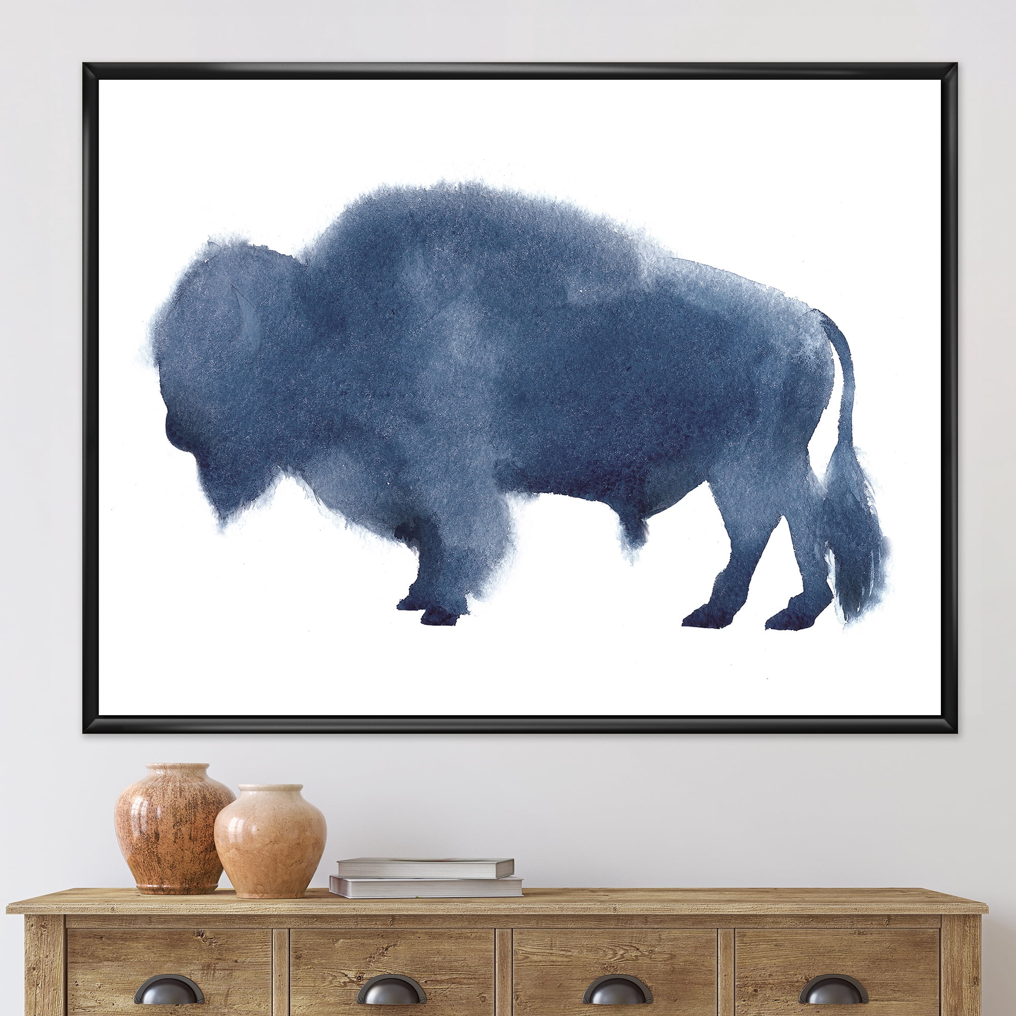 Navy Blue Bison Silhouette On White 32 in x 24 in Framed Painting Canvas Art Print, by Designart