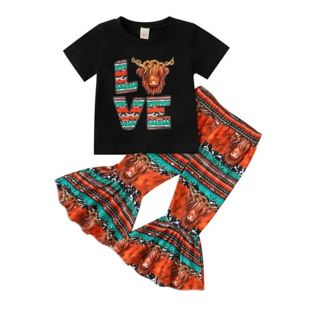 

ZHAGHMIN Girls Short Sets Size 10-12 Toddler Girls Short Sleeve Cartoon Cow Printed T Shirt Pullover Tops Bell Bottoms Pants Kids Outfits Set Girl Baby Outfits for Girls Take Clothes Girls Clothes S