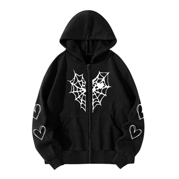 Chaqueta de calle para mujer Sunloudy, abrigo de sudadera con capucha y cremallera con estampado de patrón de telaraña de estilo gótico de gran tamaño de manga larga Sunloudy S M L