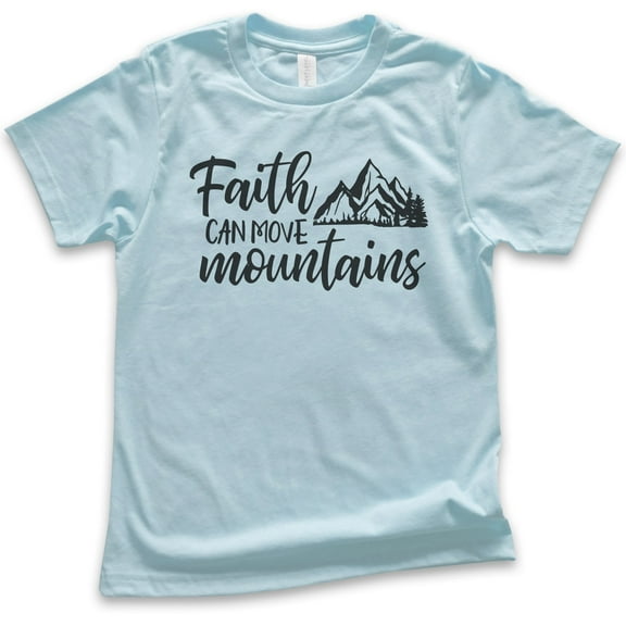 Kids Faith Can Move Mountains Shirt, Youth Kids Boy Girl T-Shirt, Religious Christian Motivational Spiritual Tee, Light Blue, Medium