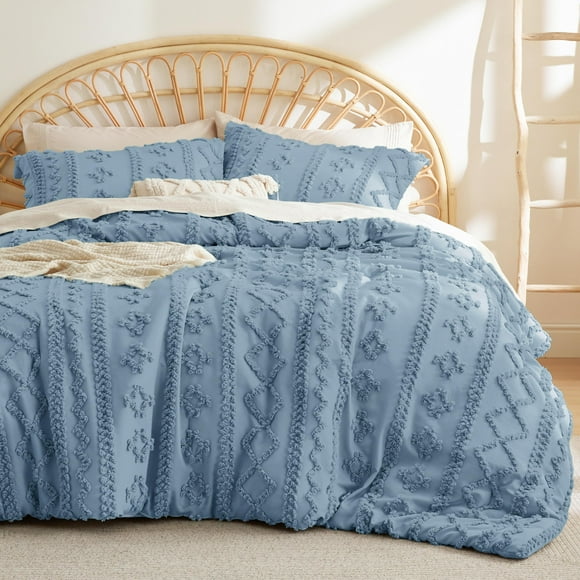 Juego de edredón Bedsure Tufted Boho, tamaño completo, azul grisáceo