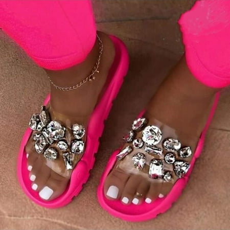 

MRULIC slippers for women Transparent And Slippers And Spring Women s Sandals Flat Rhinestone Fashion Summer womens slippers house slippers for women Hotpink + US:7