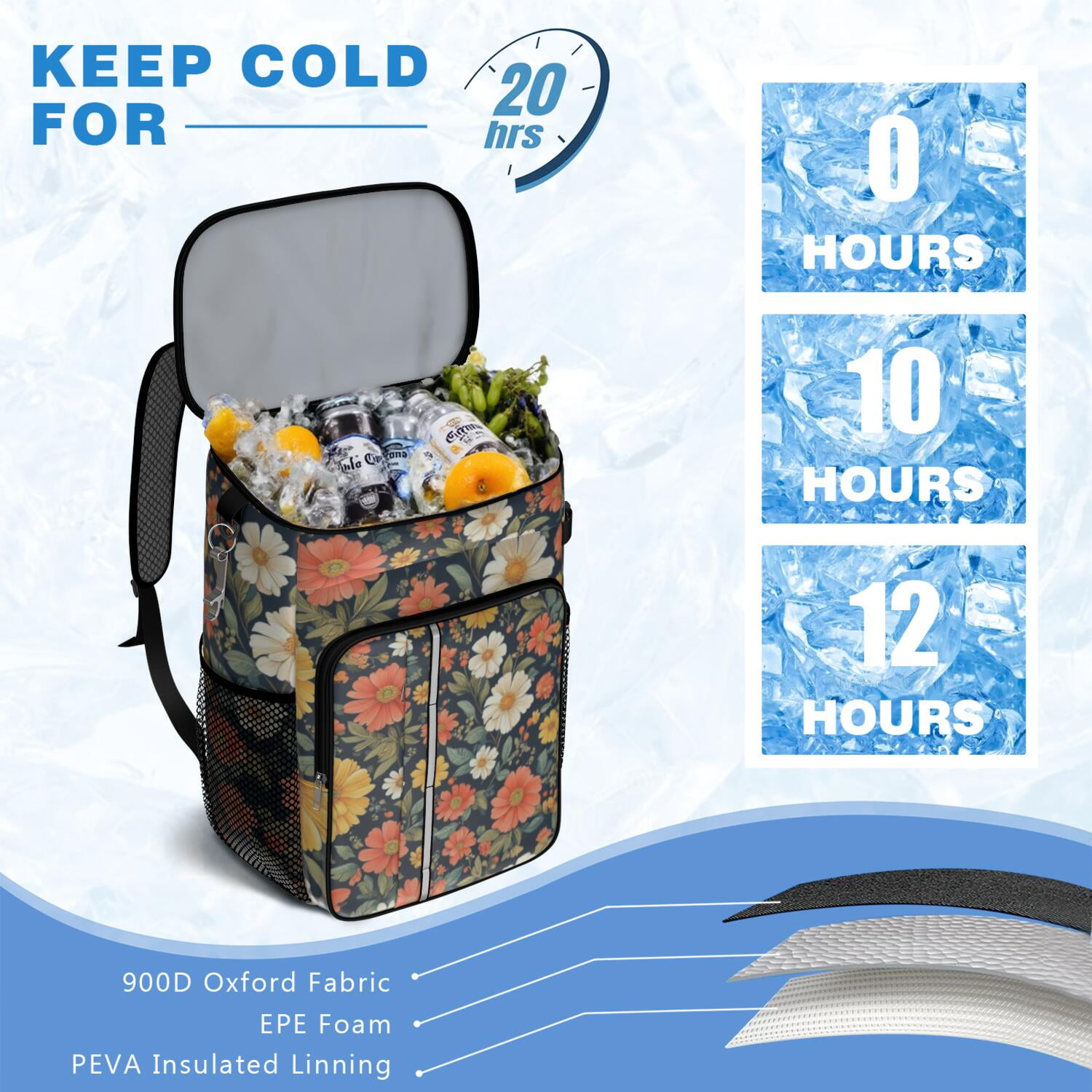 Travel Cooler Bag - Pioneer Flower Floral Print Pattern Camping Beer Cooler Backpack with Bottle Opener- Waterproof Insulated Picnic Backpacks - Cooler Bag for Beach