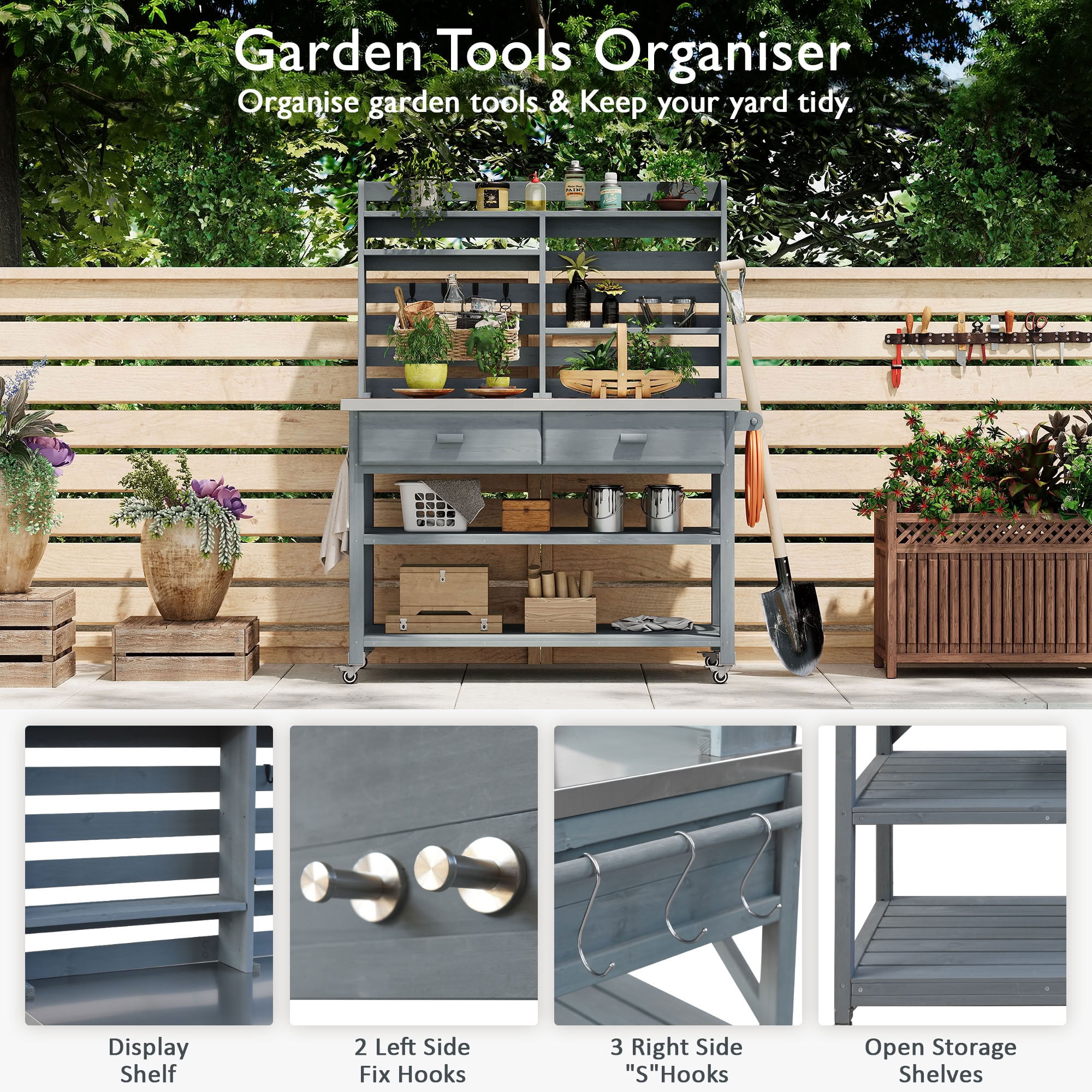 MAYEERTY Outdoor Potting Bench with Lockable Wheels, Wood Workstation with 2 Large Drawers, Towel Rack, Bottle Opener & Propane Tank Rack for Grilling, Gardening, Patio Lawn