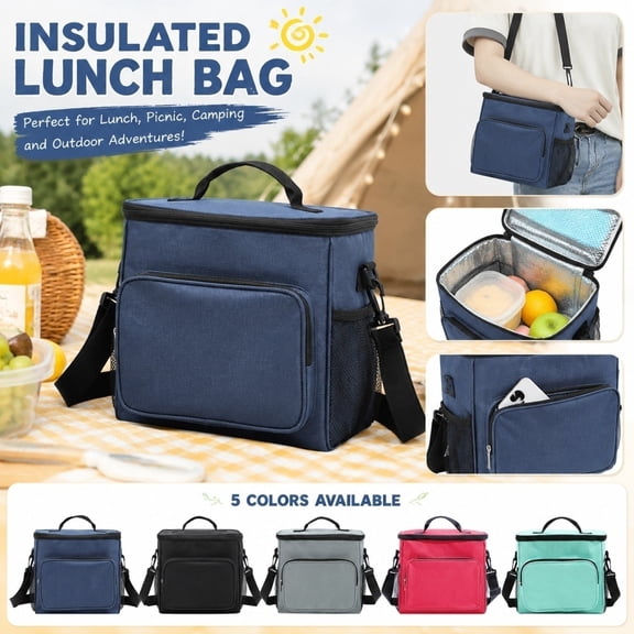 Insulated Cooler Bag, Insulated Lunch Bag, Lunch Tote Bag, Picnic Bag, 10X9X7 Inch Gray Oxford Cloth Portable Lunch Box Bag with Detachable Shoulder Strap, Leak-Proof Thermal Bag