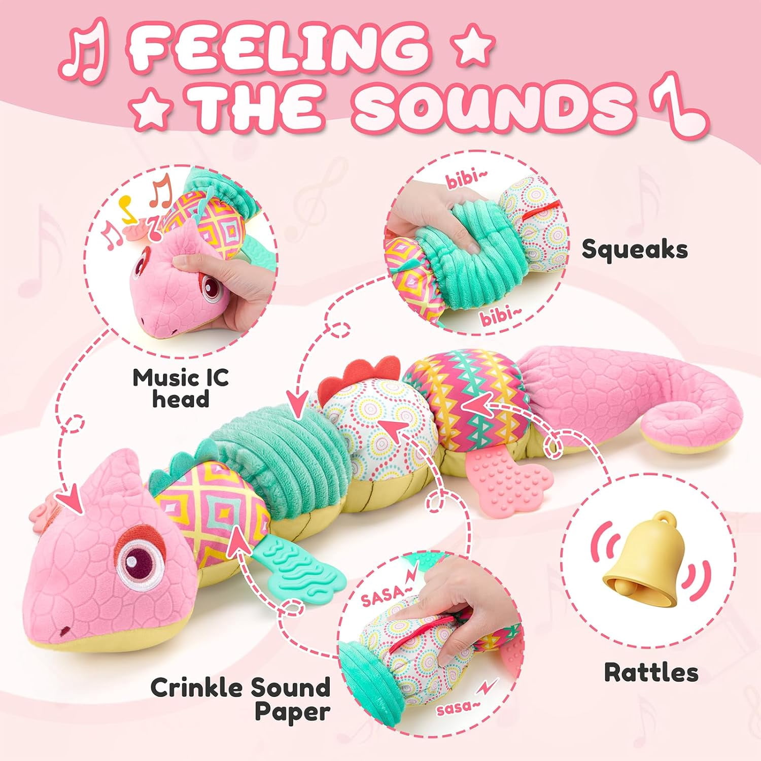 Musical Stuffed Plush Toy with Teether, Rattle & Height Ruler,Baby Sensory Toy for Newborns 0-12 Months, Pink