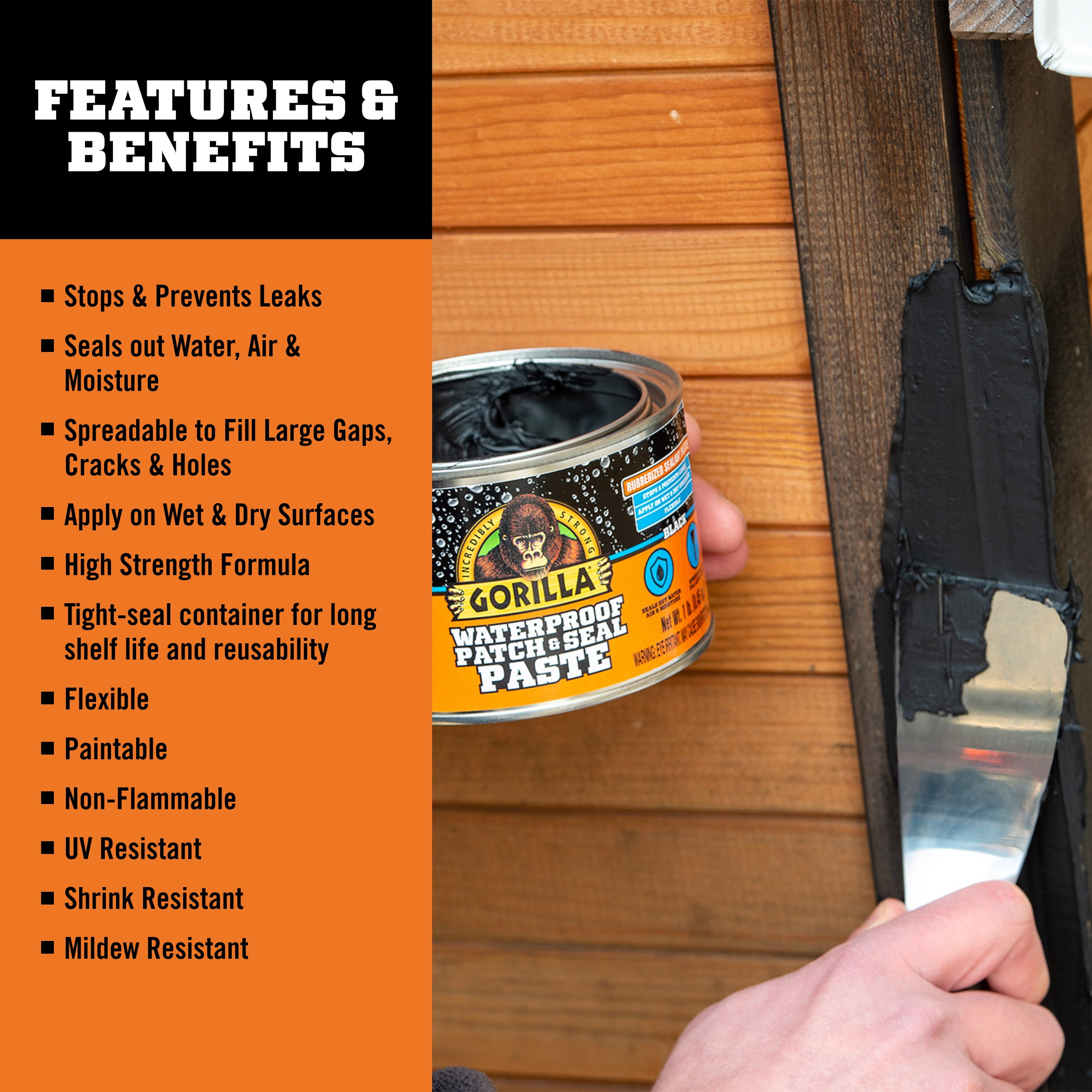 (2 pack) Gorilla Waterproof Patch and Seal Paste Black 1 Pound Can