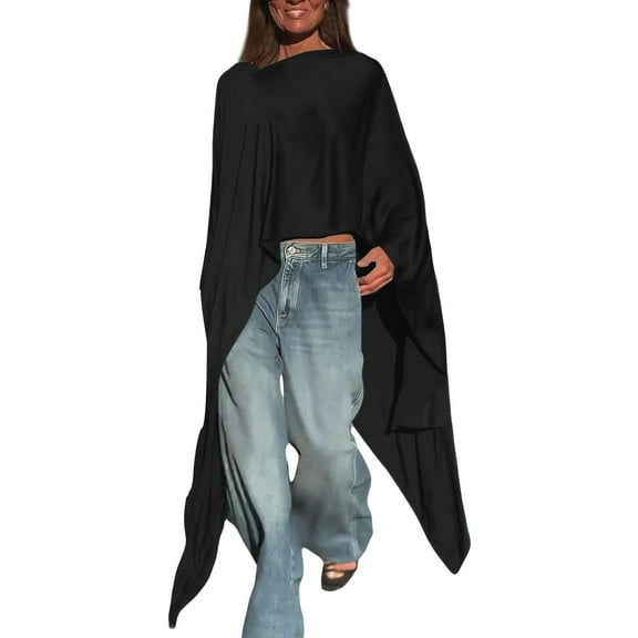 Oversized Tshirts for Women Loose Solid Batwing Chiffon Wrap Poncho Top - Long Sleeve Lightweight Satin Fabric Tunic Style Tshirts Shirts for Women Comfort Colors Tshirt