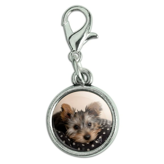 Yorkie Yorshire Terrier Puppy Dog on a Spotted Cushion Antiqued Bracelet Pendant Zipper Pull Charm with Lobster Clasp