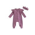 thumbnail image 1 of Xingqing Newborn Baby Girl Fall Clothes Solid Color Ribbed Long Sleeve Zip-Up Footed Romper + Headband Set, 1 of 7