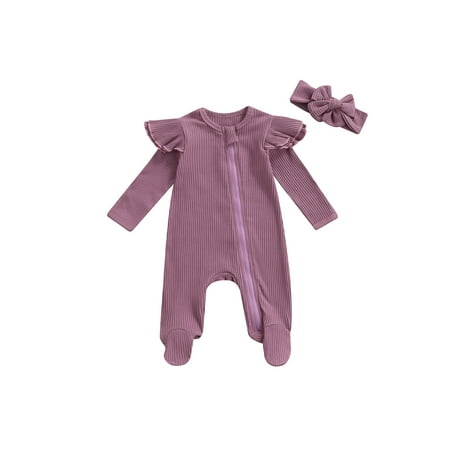 

Baby Girl Boy Solid Color Ribbed Ruffle Long Sleeve Oblique Zip-Up Wrap Footed Romper Jumpsuits Hairband