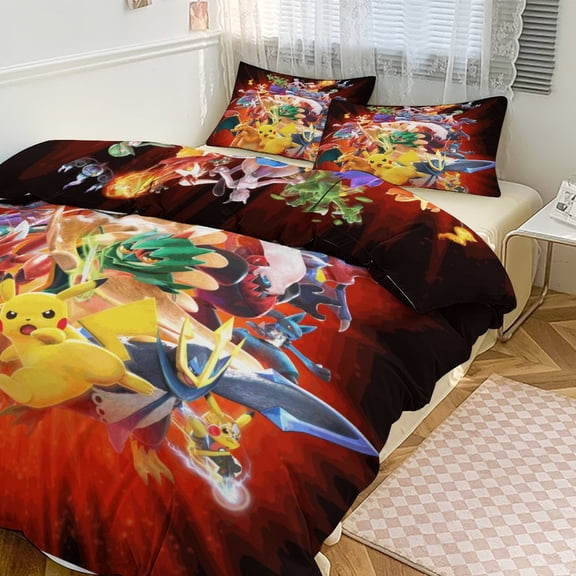 Pikachu Bedding Set Anime Three-piece for Boys Girls Teens Queen