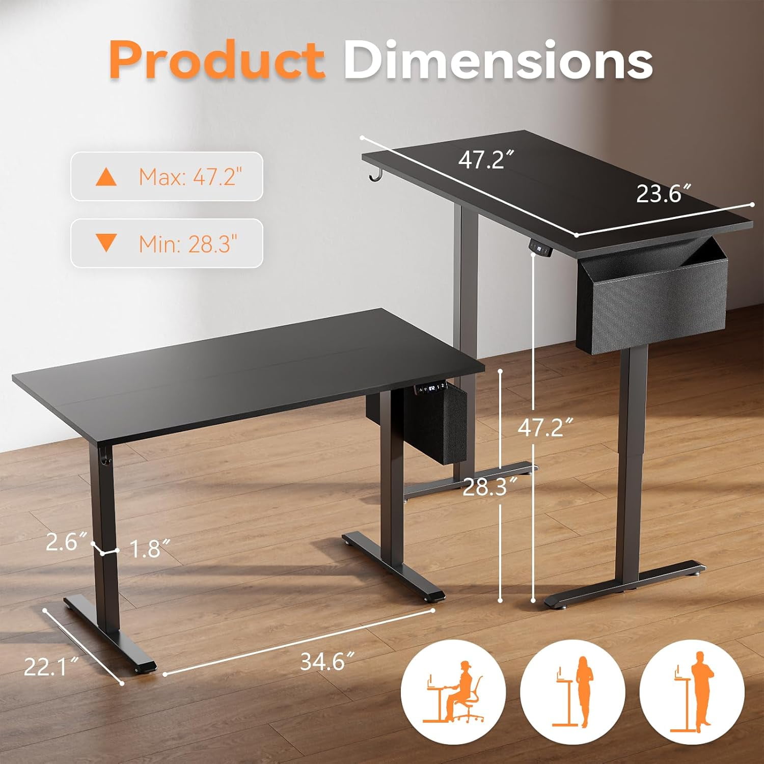 Furologee Electric Standing Desk, Sit to Stand Up Computer Desk with Storage Bag, Height Adjustable, Memory Presets for Home Office Gaming Workstations, 48 inch Study Table, Black