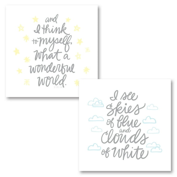 Lovely Grey, Yellow and Blue "I See Skies Of Blue…What A Wonderful World" Set by Noonday Design; Two 12x12in Unframed Paper Posters