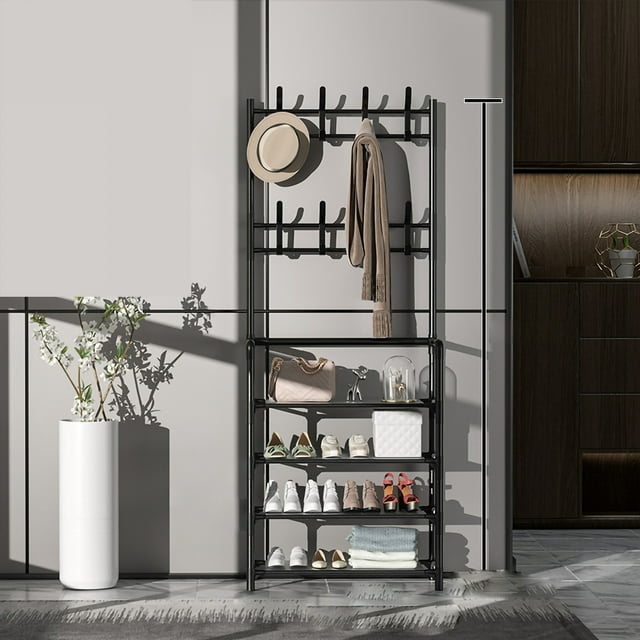 Perchero de pie moderno de metal para colgar ropa, estante de almacenamiento para recibidor, 60 cm, 4 capas, color negro