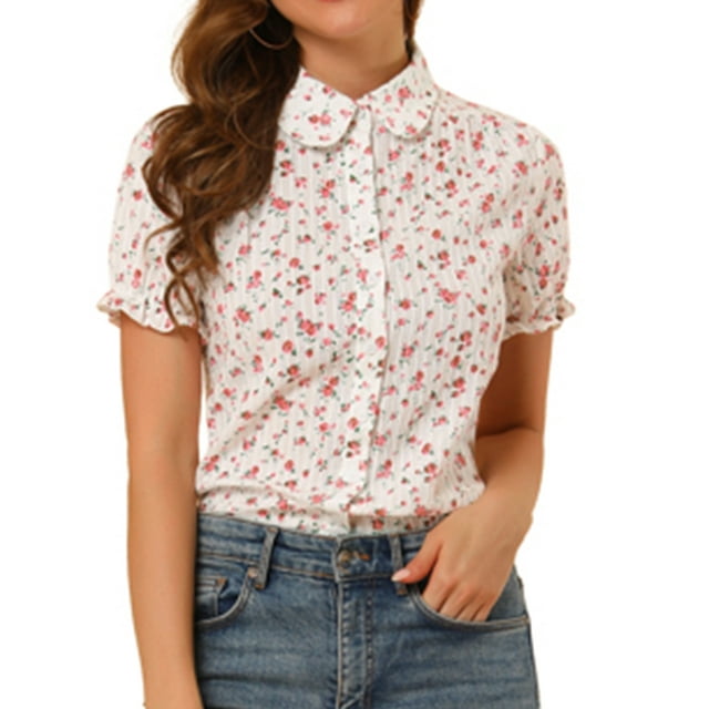 INSPIRE CHIC Chemise à Manches Courtes pour Femme en Coton à Imprimé Floral avec Col Peter Pan