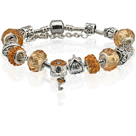 Pori Jewelers Rhodium Plated Brass Light Orange Key To My Heart Charm Murano Bracelet