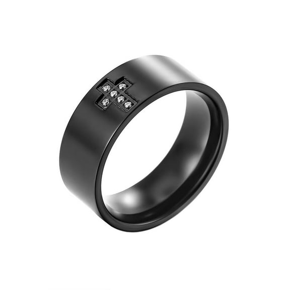 HIJONES Men's Stainless Steel Cubic Zirconia Cross Ring 8mm Wide Simple Engagement Wedding Band Black Size 11