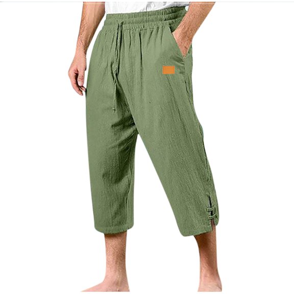 Lzobxe Mens Pants Summer Loose 3/4 Length Solid Color Elastic Waist Drawstring Fashion Casual Male Comfortable,Size S-3XL