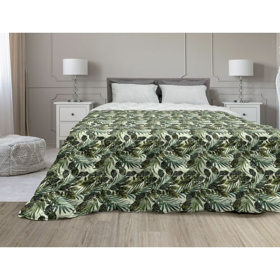 Olive Down Alternative Comforter, Repetitive Leaves and Branches Organic Plantation Nature Art Design Print, Microfiber Quilt for All Season, 5 Sizes, Fawn and Dark Purple, by Ambesonne