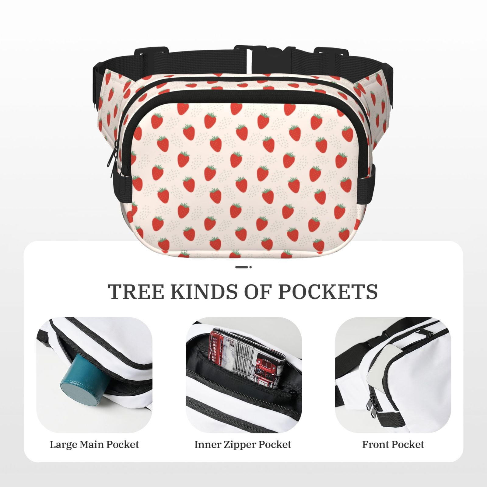 Picia Hand Drawn Strawberry Print Square Double-Layer Waist Bag Mini Adjustable Waist Belt Bag Exercise Running Travel Hiking