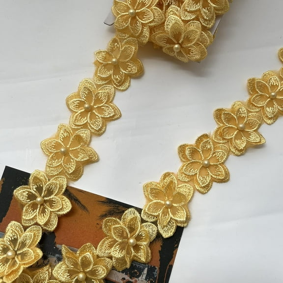 Holzlrgus 3Yards 3D Flower Lace Trim Ribbon, Vintage Embroidered Applique Sewing lace Trimmings for DIY Craft(Yellow)