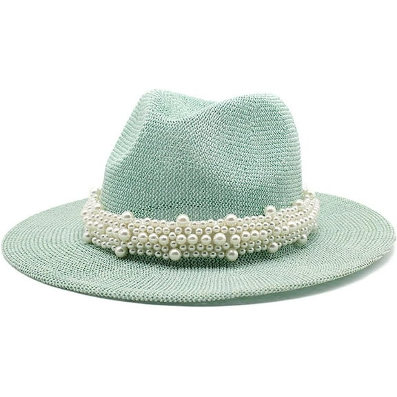 LINLIN Womens Classic Fedora Hat Trendy Felt Panama Hat with Pearl Belt Flat Top Wide Brim Classic Jazz Cap