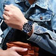 Men's VIP Luxury Chronograph Watch, blue dial, stainless steel case, silicone strap, water-resistant sports watch with date display, chronograph, luminous hands, stainless steel and silicone strap.
