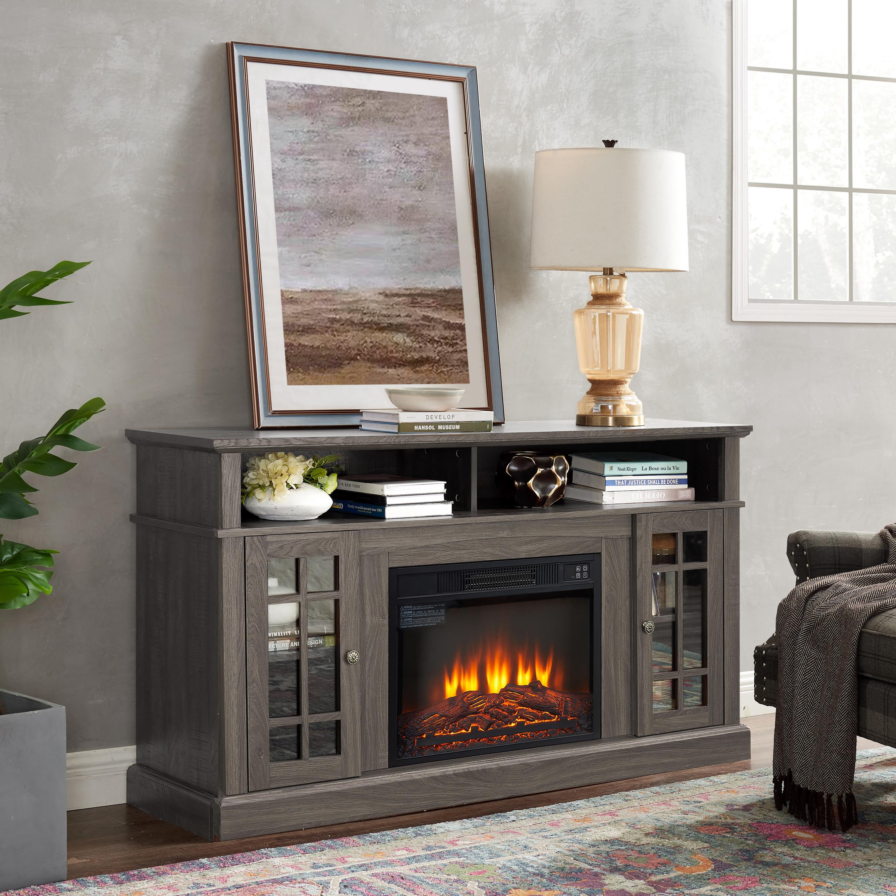 PAPROOS Fireplace TV Stand for 65 Inch TV, Modern Farmhouse TV Cabinet with 23'' Electric Fireplace, Entertainment Center Television Console Table for Living Room, Dark Walnut