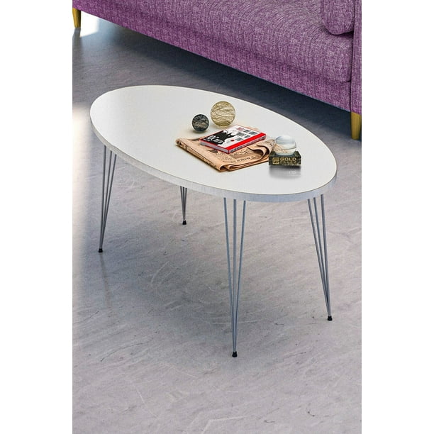 White Oval Coffee Table with 3Rod Metal Legs, Coffee Table with Silver