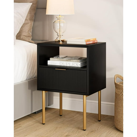 Nightstand,Mid-Century Modern Bedside Table with Storage Drawer and Open Wood Shelf,Small Gold Frame Side Table for Bedroom,Living Room,Black