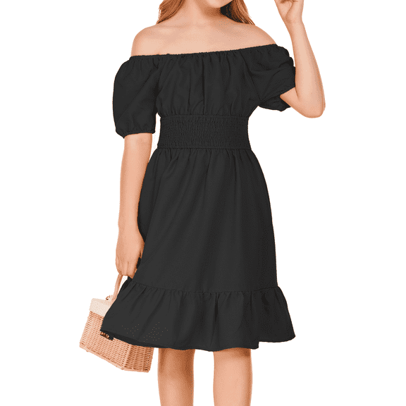 Oudiya Girls Tie Back Short Sleeve Ruffle Hem Off Shoulder Elegant Casual Summer Dresses, Black, 8-9Y
