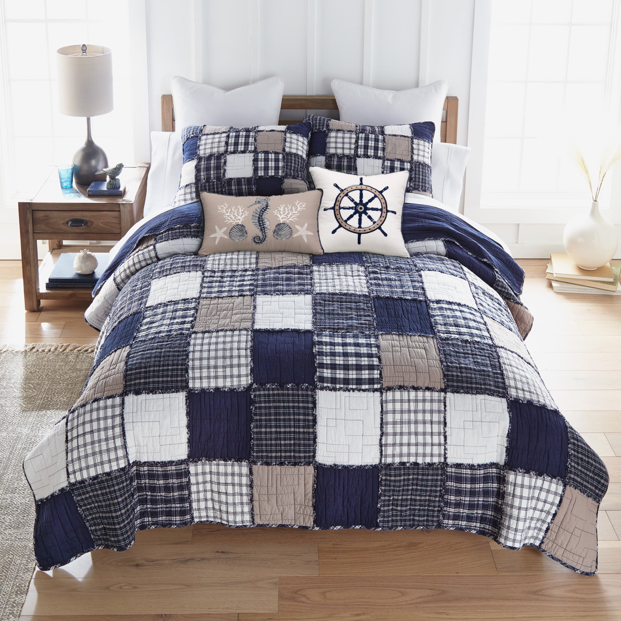 Donna Sharp Checkerboard Indigo Queen Pieced Cotton 3PC Quilt Set