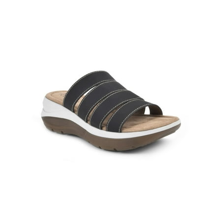 

WHITE MOUNTAIN FOOTBEDS Womens Black Breathable Comfort Fascinate Round Toe Wedge Slip On Slide Sandals Shoes 9 M